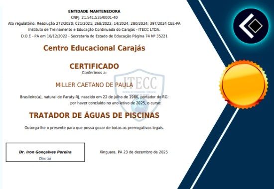 Certificado de tratamento de água de piscinas