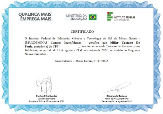Certificado de manutenção de piscinas e equipamentos